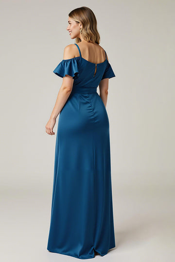 Cold Shoulder Dark Blue Satin A Line Evening Dress